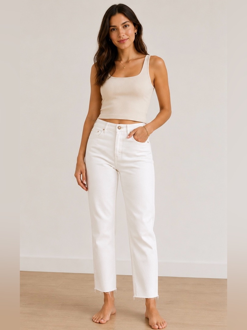 Zara High-Rise Straight Fit White Jeans size 4 Ankle Raw Hem NWT